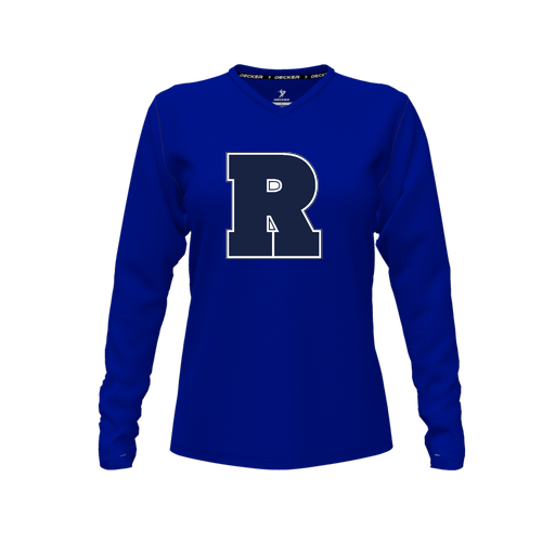 [CUS-DFW-TEES-CMF-VNK-LSL-RYL-FYXS-LOGO2] Decker Comfort T-Shirt (Female Youth XS, Royal, V Neck, Logo 2, Long Sleeve)