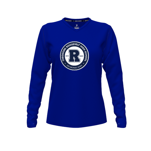 [CUS-DFW-TEES-CMF-VNK-LSL-RYL-FYXS-LOGO3] Decker Comfort T-Shirt (Female Youth XS, Royal, V Neck, Logo 3, Long Sleeve)