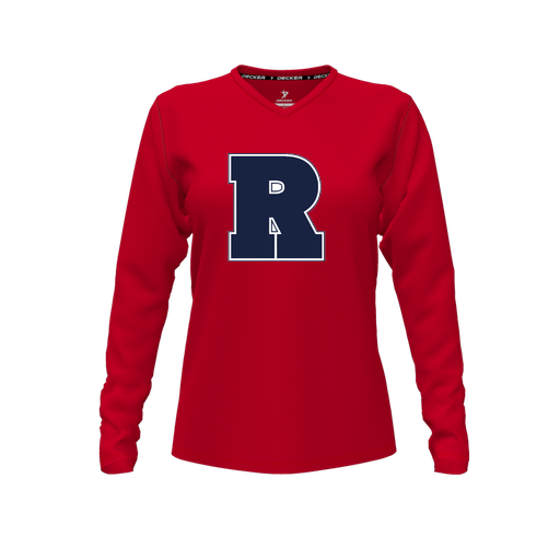 [CUS-DFW-TEES-CMF-VNK-LSL-RED-FYXS-LOGO2] Decker Comfort T-Shirt (Female Youth XS, Red, V Neck, Logo 2, Long Sleeve)
