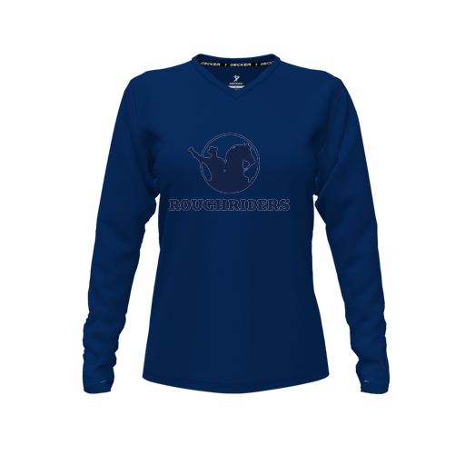 [CUS-DFW-TEES-PER-VNK-LSL-NVY-FYXS-LOGO1] Decker Performance T-Shirt (Female Youth XS, Navy, V Neck, Logo 1, Long Sleeve)