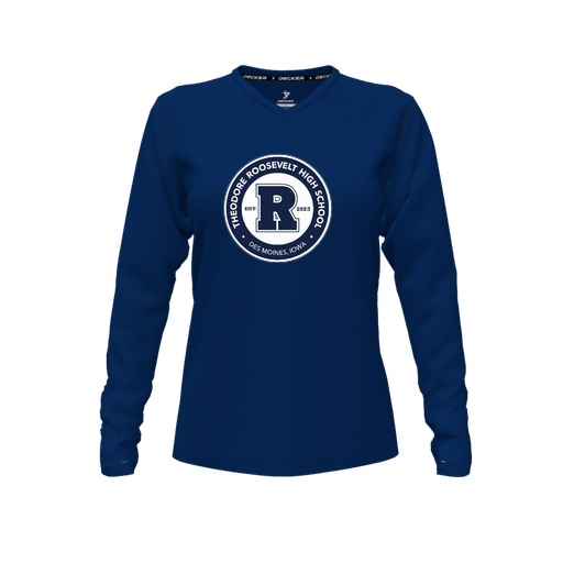 [CUS-DFW-TEES-PER-VNK-LSL-NVY-FYXS-LOGO3] Decker Performance T-Shirt (Female Youth XS, Navy, V Neck, Logo 3, Long Sleeve)